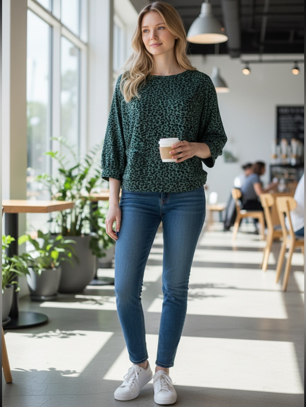 Amour Vert Teal Green Leopard Print Boatneck Top Size Large